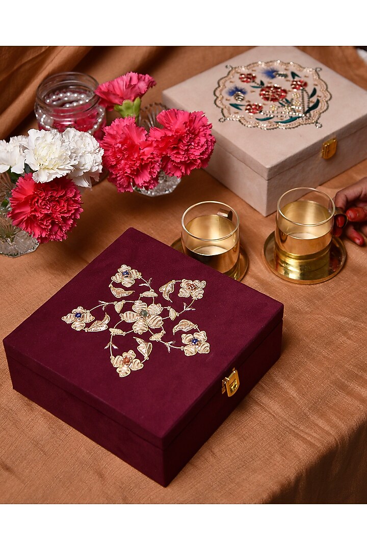 Kali in Burgundy Suede Zardozi Box by The India Craft Project at Pernia's Pop Up Shop