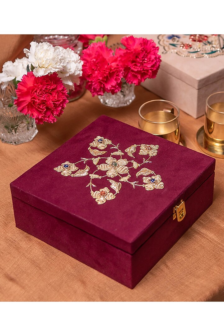 Kali in Burgundy Suede Zardozi Box by The India Craft Project at Pernia's Pop Up Shop