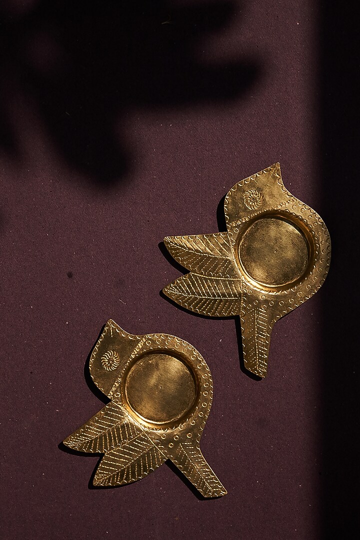 Gold Brass Chidiya Tea Light Holder Set by The India Craft Project at Pernia's Pop Up Shop