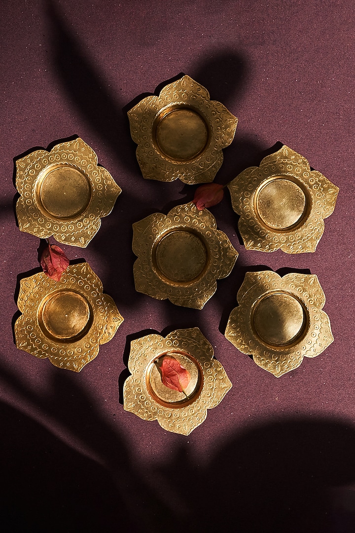 Aarna Gift Box Brass Phool Tea light Holders (Set of 4) by The India Craft Project at Pernia's Pop Up Shop