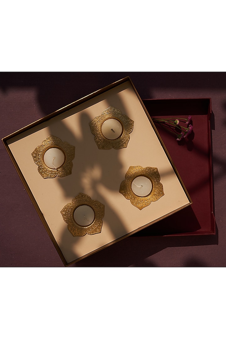 Gold Brass Tea Light Holder Gift Box Set by The India Craft Project
