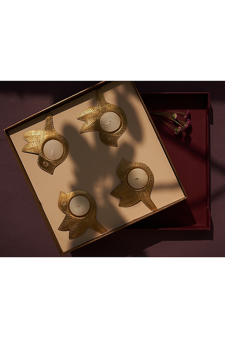 Aarna Gift Box Brass Chidiya Tea light Holders (Set of 4) by The India Craft Project at Pernia's Pop Up Shop
