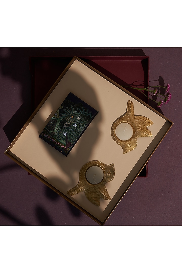 Ramya Gift Box Brass Chidiya Tea light Holders & TICP Playing Cards (Set of 2 ) by The India Craft Project at Pernia's Pop Up Shop