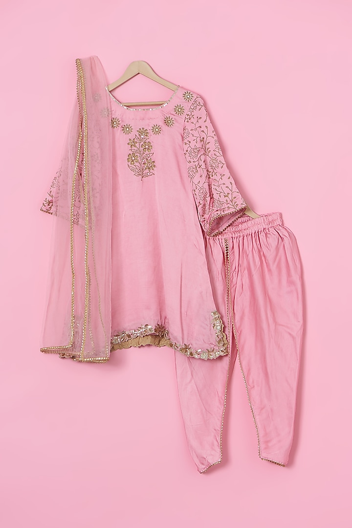 Peach Cotton Satin Hand Embroidered Kurta Set For Girls by Tinny Bebe