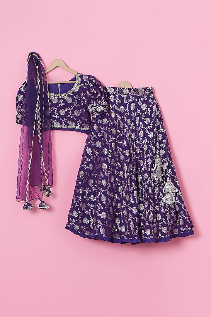 Purple Georgette Sequins & Mirror Embroidered Lehenga Set For Girls by Tinny Bebe