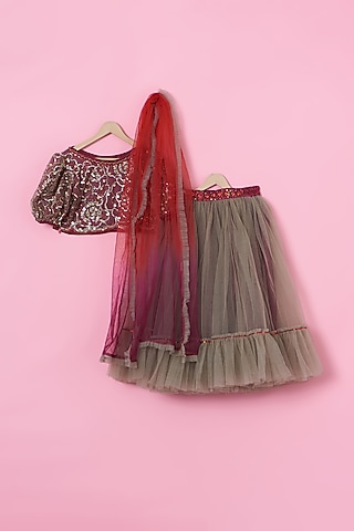 Golden Net Rose Pattern Embroidered Lehenga Set For Girls by Tinny Bebe