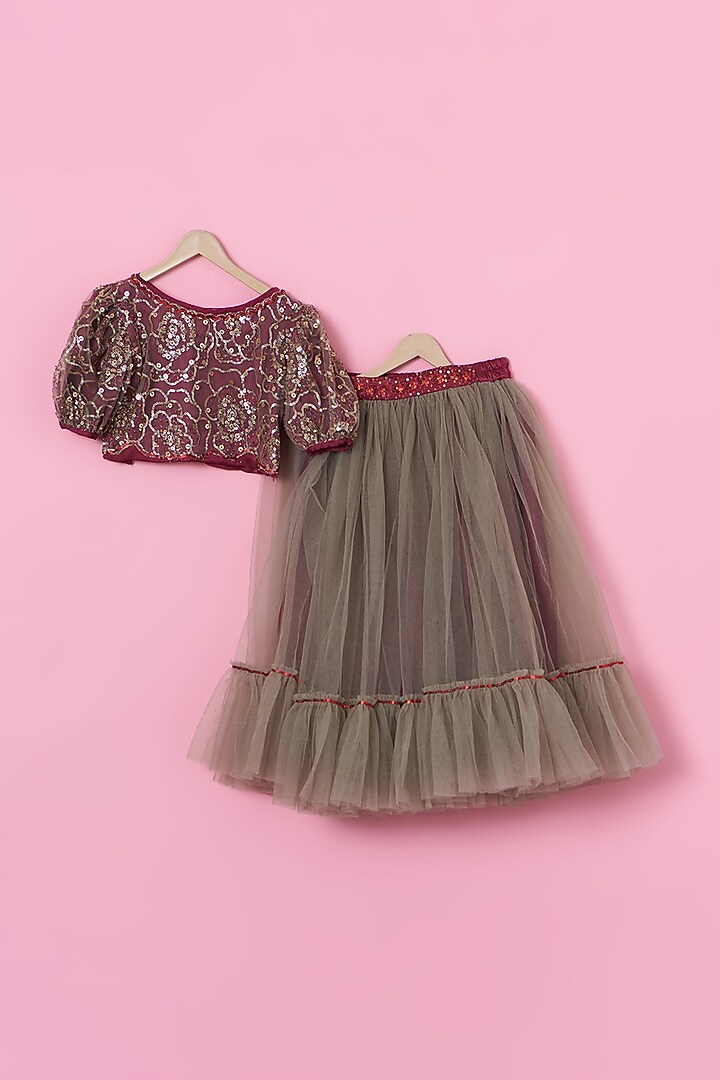 Golden Net Rose Pattern Embroidered Lehenga Set For Girls by Tinny Bebe at Pernia's Pop Up Shop