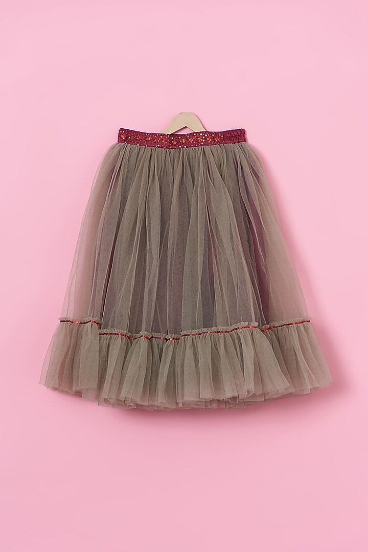 Golden Net Rose Pattern Embroidered Lehenga Set For Girls by Tinny Bebe at Pernia's Pop Up Shop