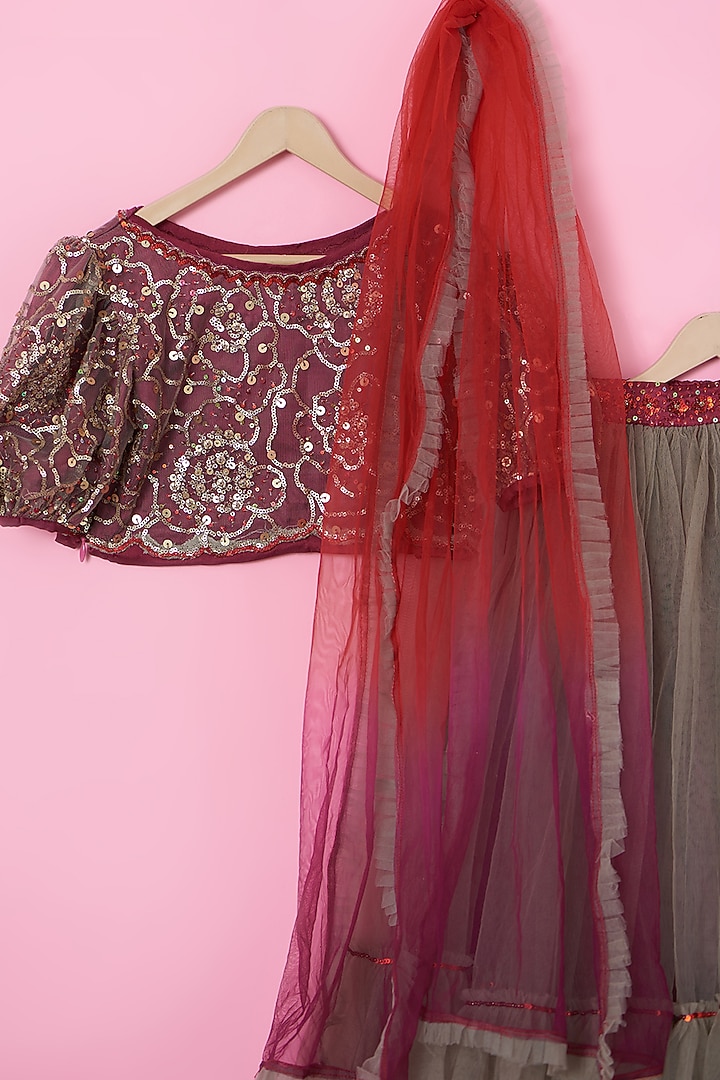Golden Net Rose Pattern Embroidered Lehenga Set For Girls by Tinny Bebe at Pernia's Pop Up Shop