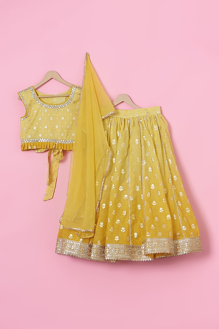 Yellow Chanderi Silk Mirror Embroidered Lehenga Set For Girls by Tinny Bebe