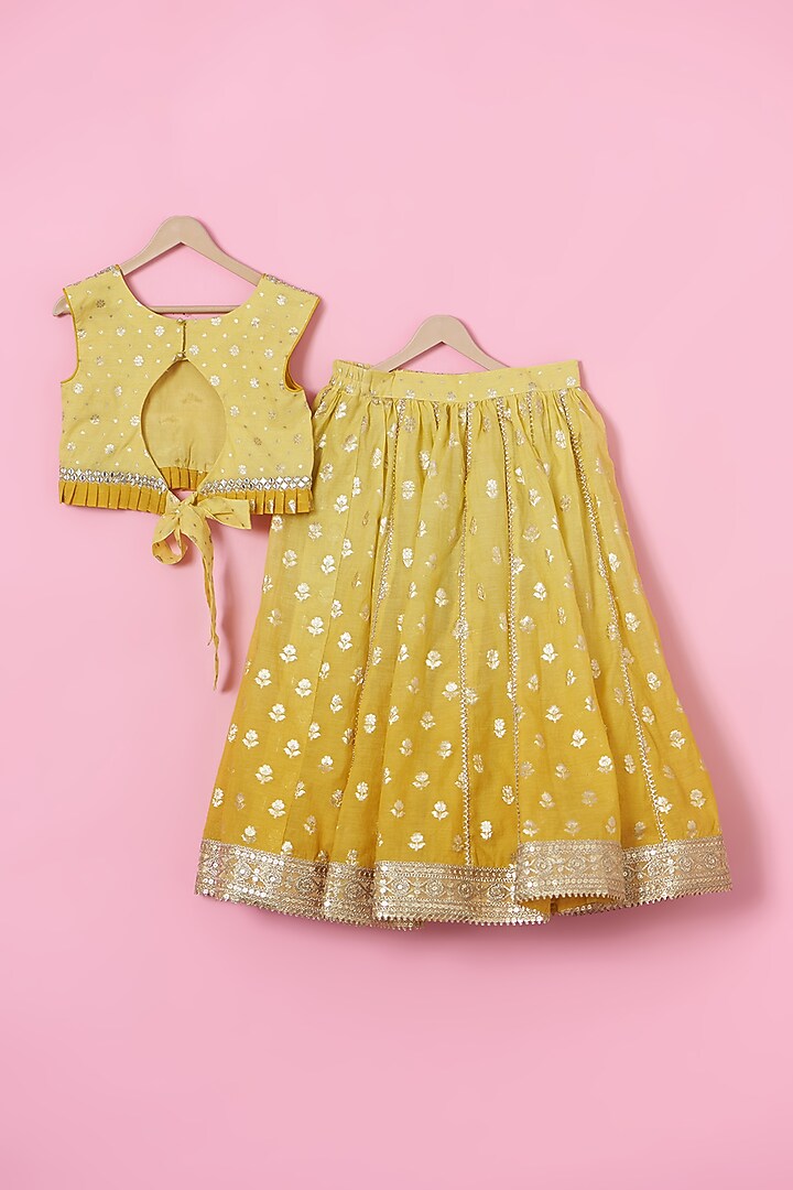 Yellow Chanderi Silk Mirror Embroidered Lehenga Set For Girls by Tinny Bebe at Pernia's Pop Up Shop