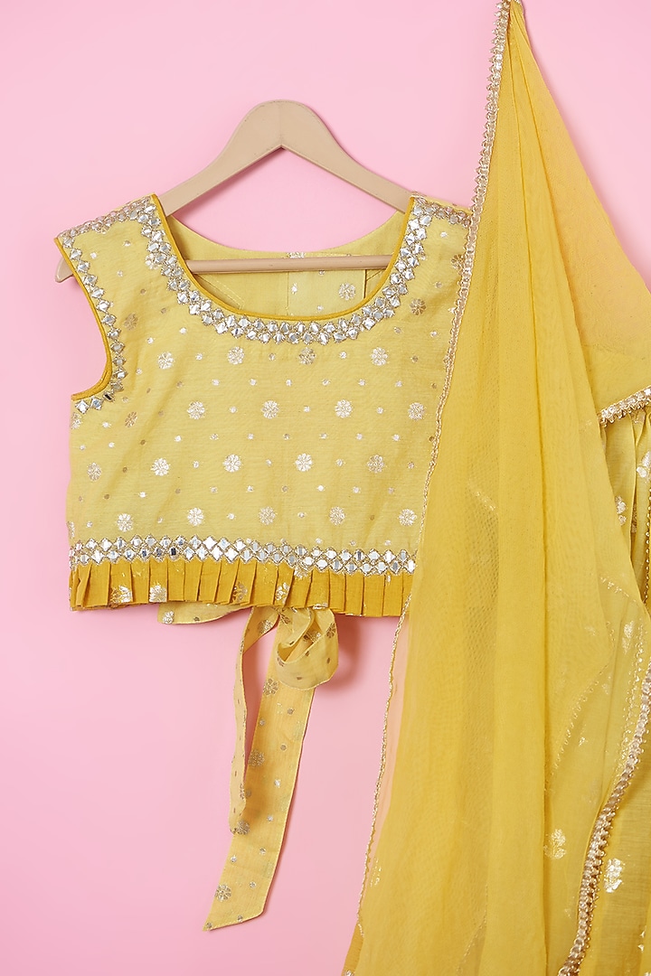 Yellow Chanderi Silk Mirror Embroidered Lehenga Set For Girls by Tinny Bebe at Pernia's Pop Up Shop