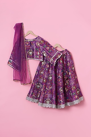 Purple Brocade Tassels Lehenga Set For Girls by Tinny Bebe