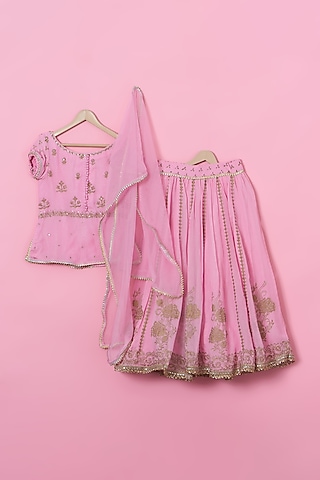 Lilac Pink Georgette Block Printed Lehenga Set For Girls by Tinny Bebe