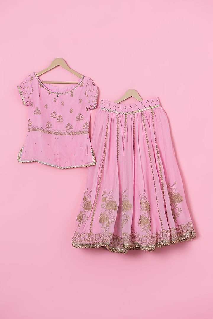 Lilac Pink Georgette Block Printed Lehenga Set For Girls by Tinny Bebe at Pernia's Pop Up Shop