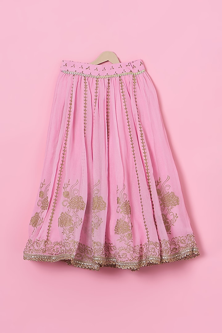Lilac Pink Georgette Block Printed Lehenga Set For Girls by Tinny Bebe at Pernia's Pop Up Shop