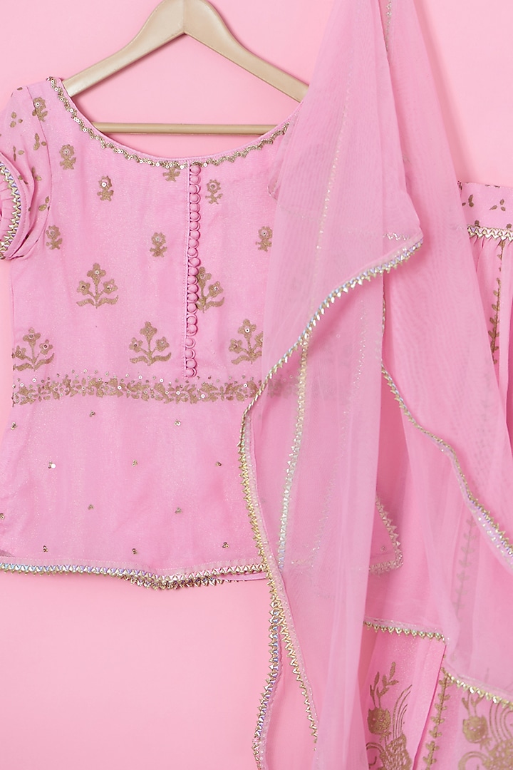 Lilac Pink Georgette Block Printed Lehenga Set For Girls by Tinny Bebe at Pernia's Pop Up Shop