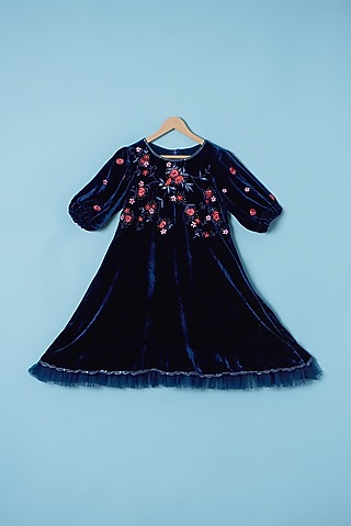 Navy Blue Embroidered Dress For Girls by Tinny Bebe