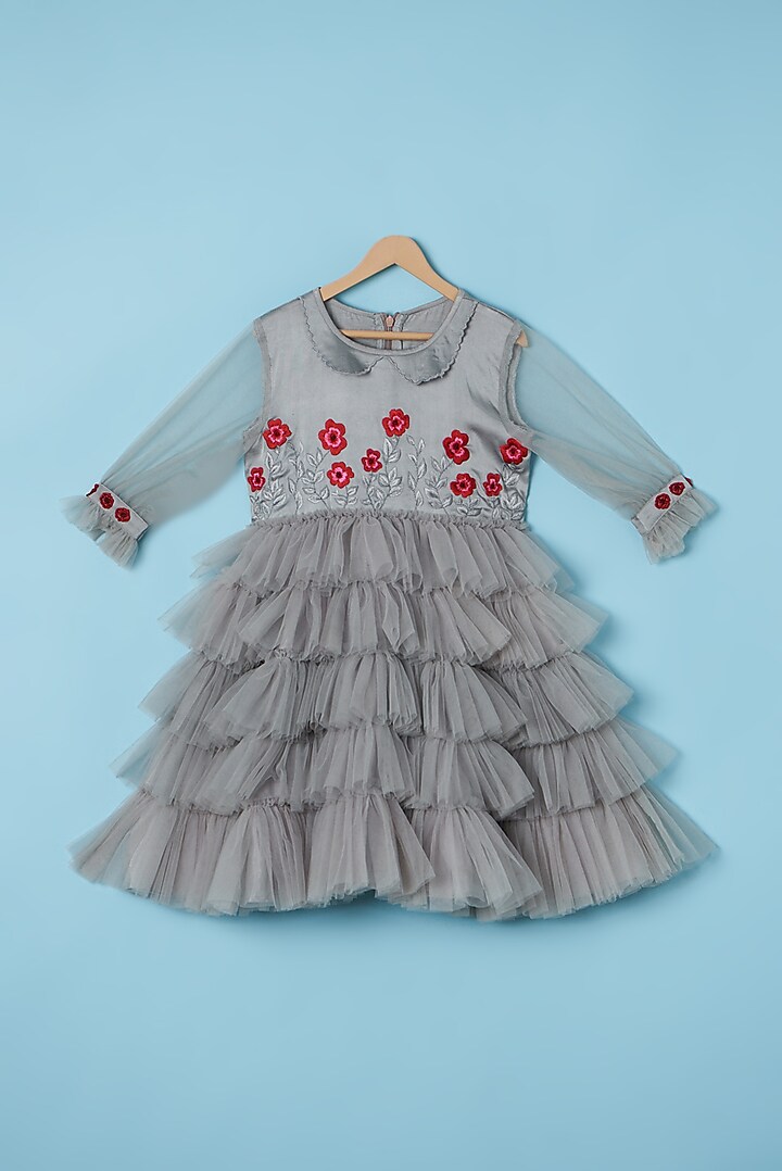 Grey Satin & Net Frilled Dress For Girls by Tinny Bebe