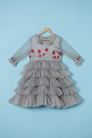 Grey Satin & Net Frilled Dress For Girls by Tinny Bebe