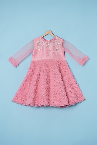 Pink Net Embroidered Dress For Girls by Tinny Bebe