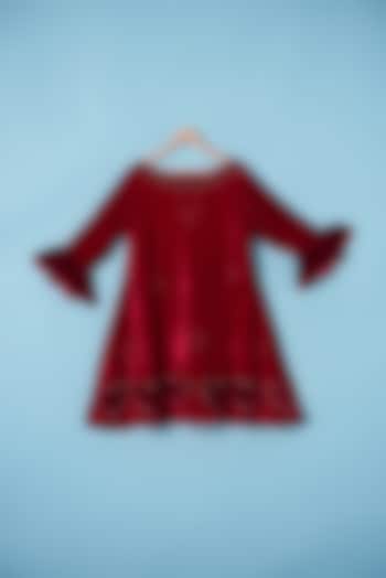Deep Red Embroidered Dress For Girls by Tinny Bebe