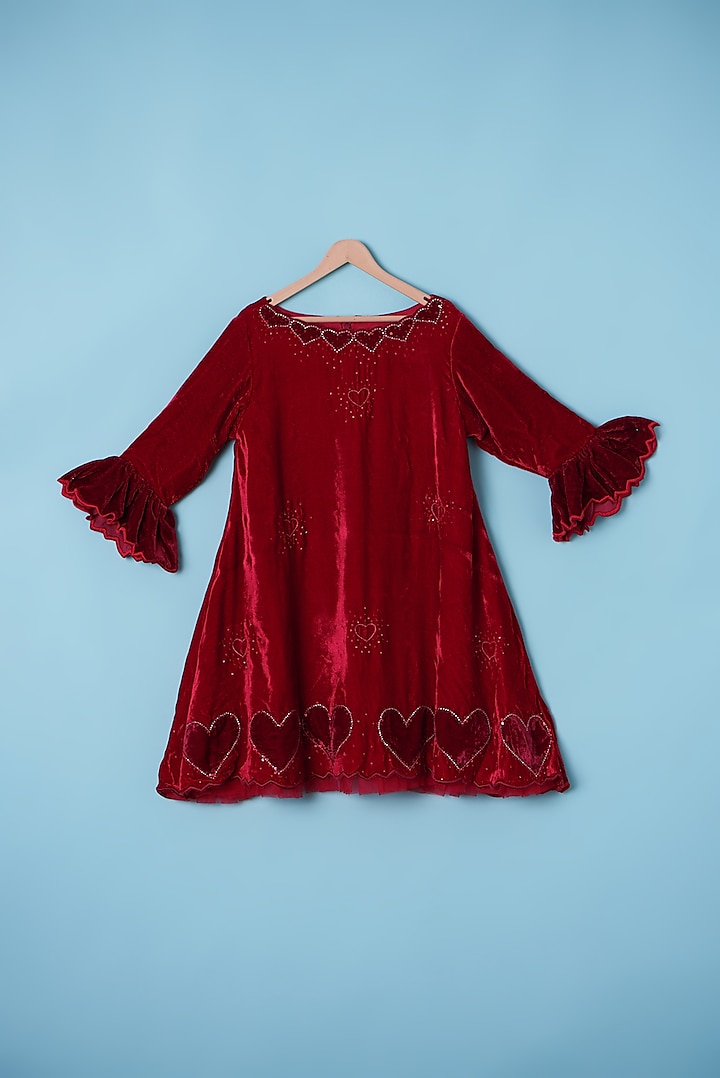 Deep Red Embroidered Dress For Girls by Tinny Bebe