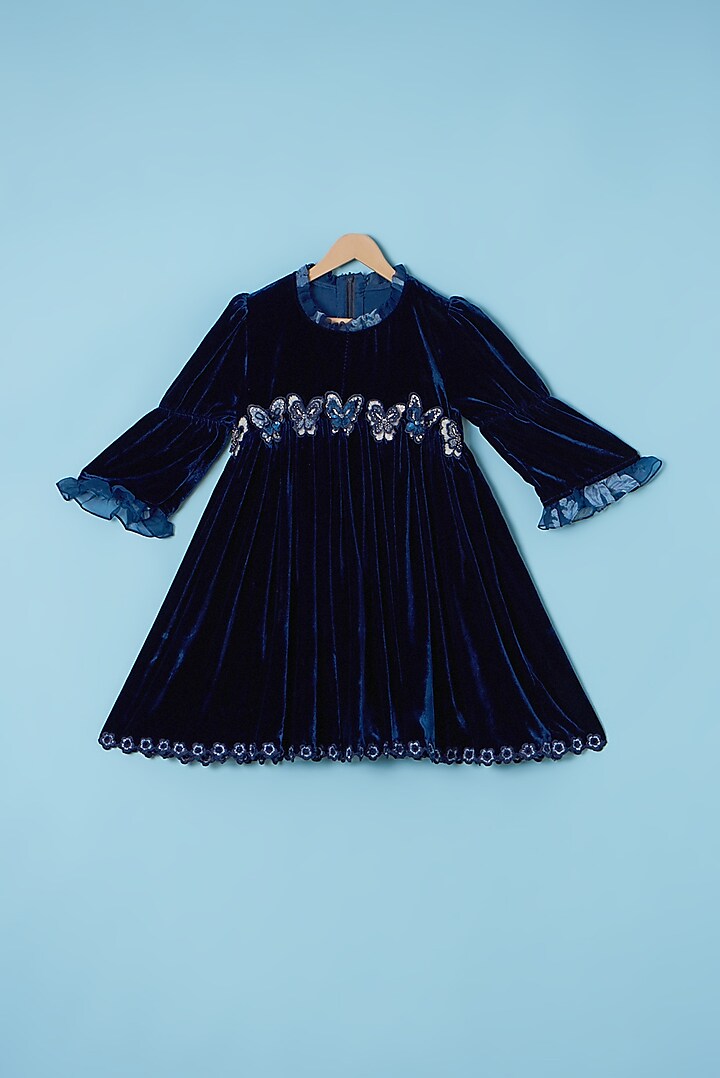 Navy Blue Embroidered Dress For Girls by Tinny Bebe