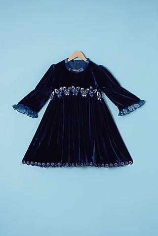 Navy Blue Embroidered Dress For Girls by Tinny Bebe
