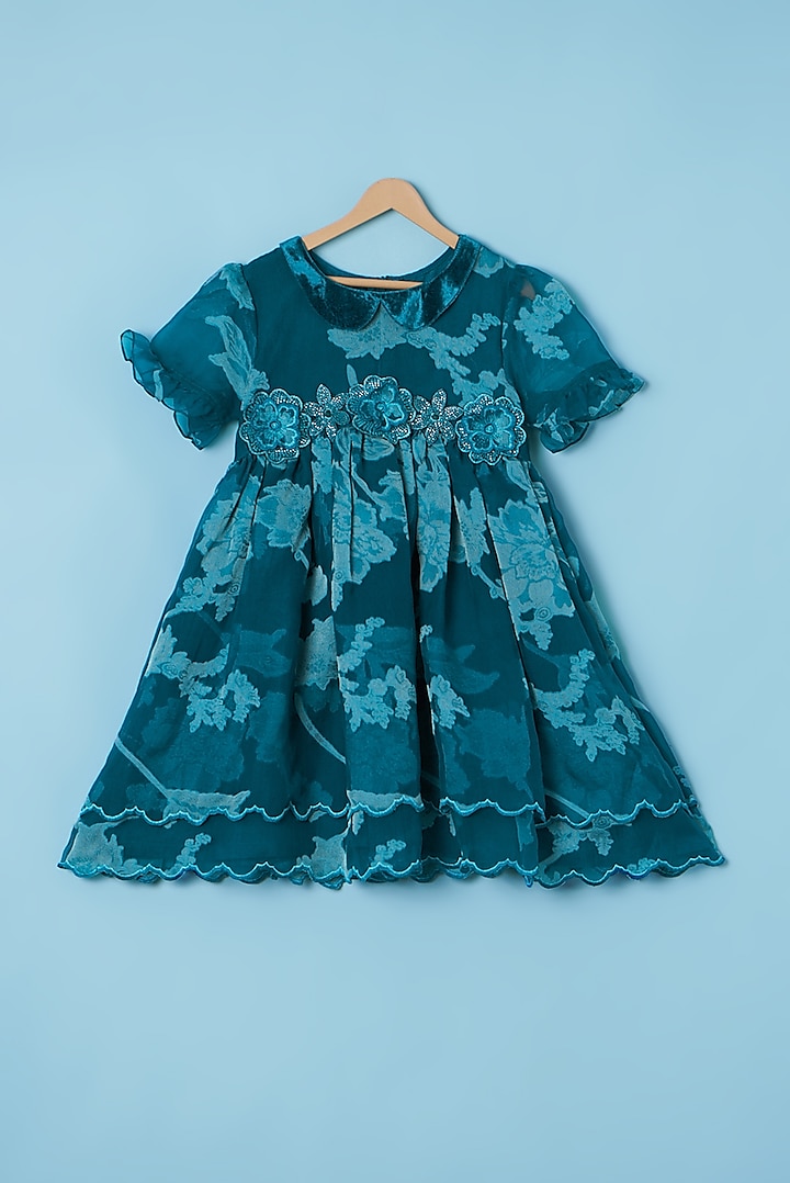 Blue Floral Embroidered Dress For Girls by Tinny Bebe