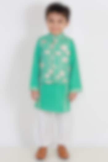 Turquoise Kurta Set With Embroidered Nehru Jacket by TinyPants