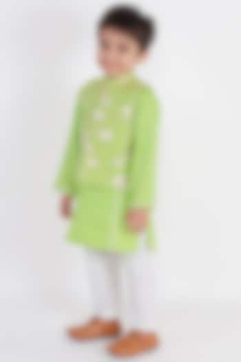 Parrot Green Embroidered Kurta Set With Nehru Jacket For Boys by TinyPants
