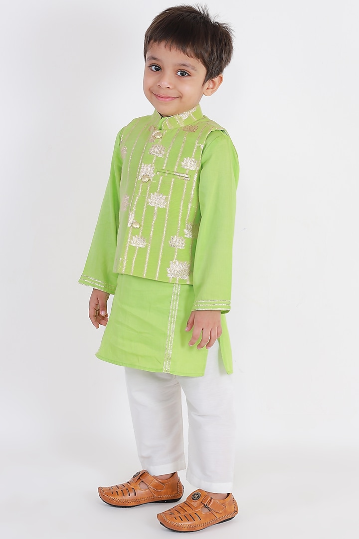 Parrot Green Embroidered Kurta Set With Nehru Jacket For Boys by TinyPants