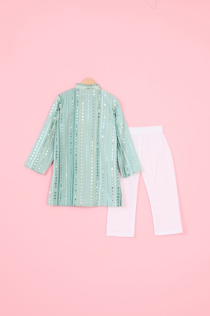 Cobalt Blue Georgette Patra Embroidered Kurta Set For Boys by TinyPants at Pernia's Pop Up Shop