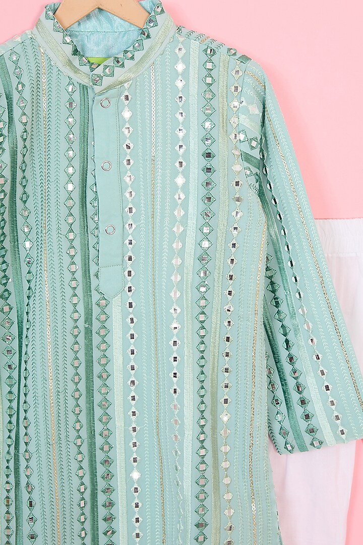 Cobalt Blue Georgette Patra Embroidered Kurta Set For Boys by TinyPants at Pernia's Pop Up Shop