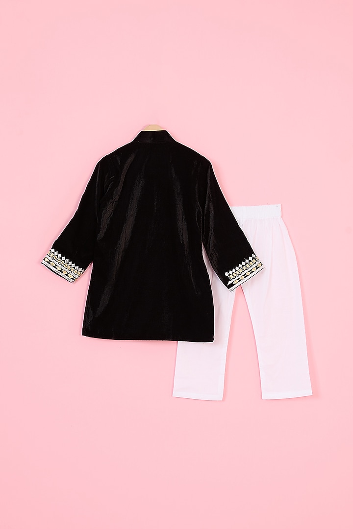Black Velvet Leather Embroidered Kurta Set For Boys by TinyPants at Pernia's Pop Up Shop
