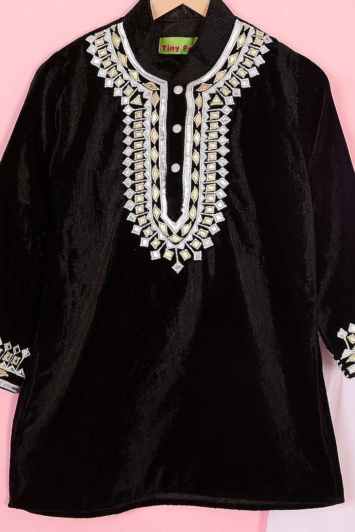 Black Velvet Leather Embroidered Kurta Set For Boys by TinyPants at Pernia's Pop Up Shop