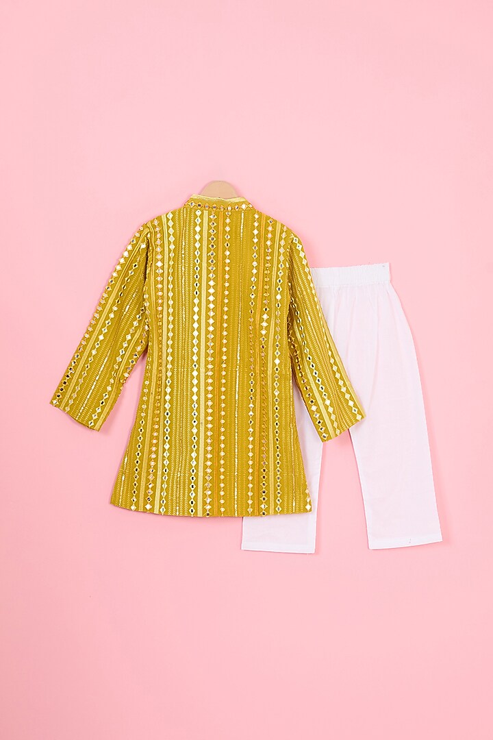 Mustard Georgette Patra Embroidered Kurta Set For Boys by TinyPants at Pernia's Pop Up Shop