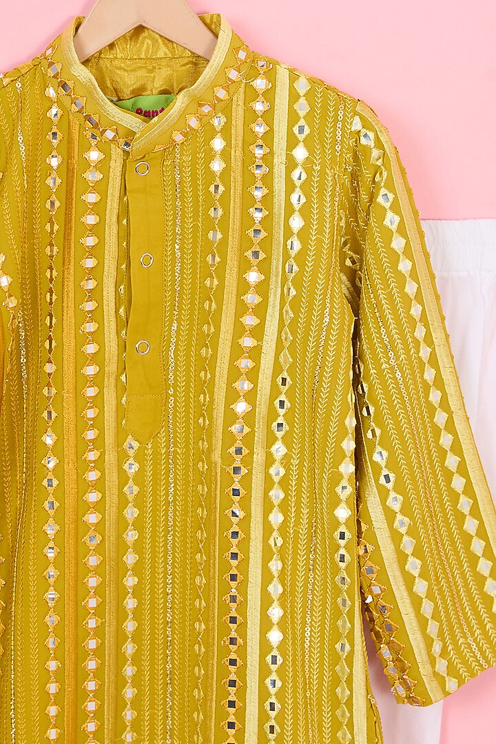 Mustard Georgette Patra Embroidered Kurta Set For Boys by TinyPants at Pernia's Pop Up Shop