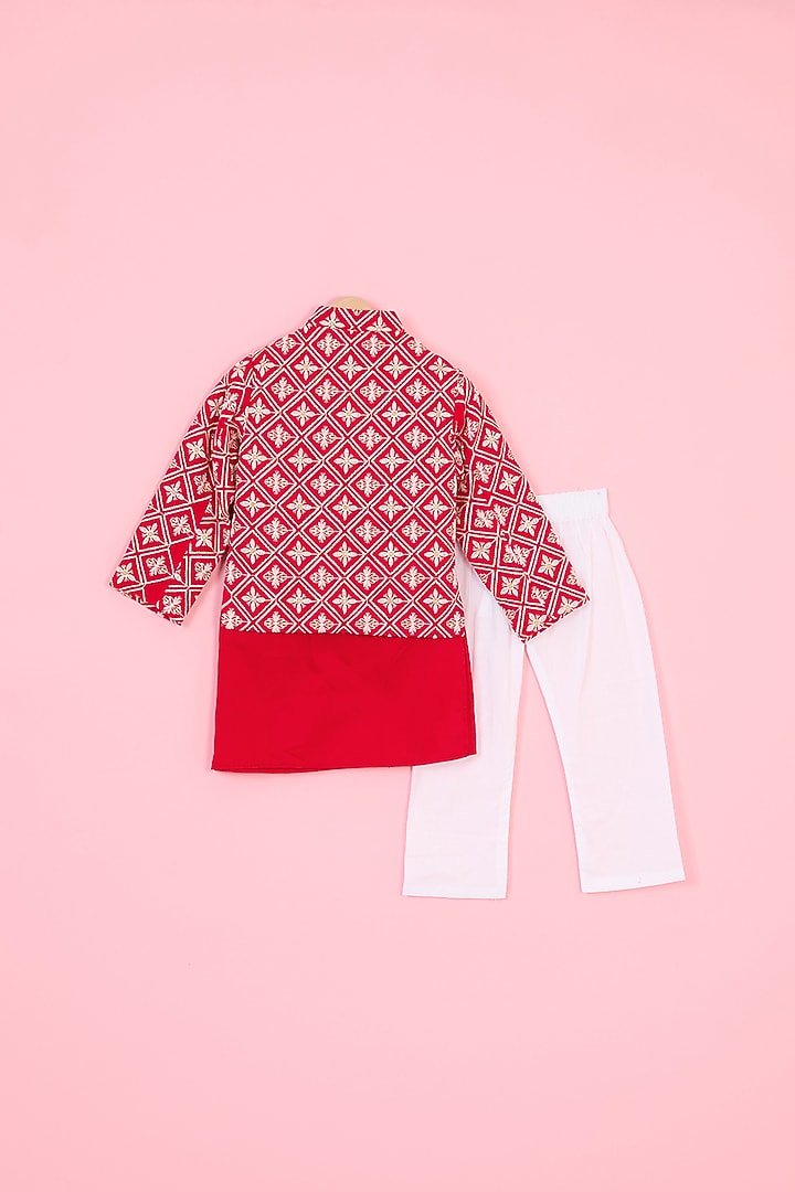 Red Georgette Chikankari Embroidered Nehru Jacket Set For Boys by TinyPants at Pernia's Pop Up Shop
