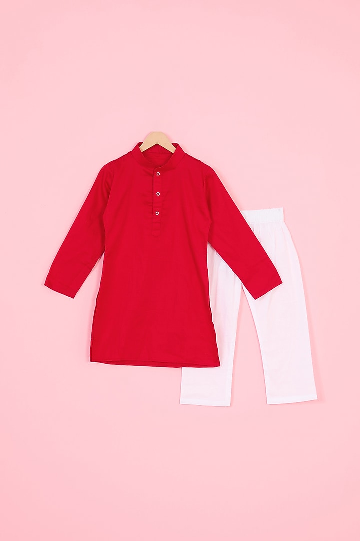 Red Georgette Chikankari Embroidered Nehru Jacket Set For Boys by TinyPants at Pernia's Pop Up Shop