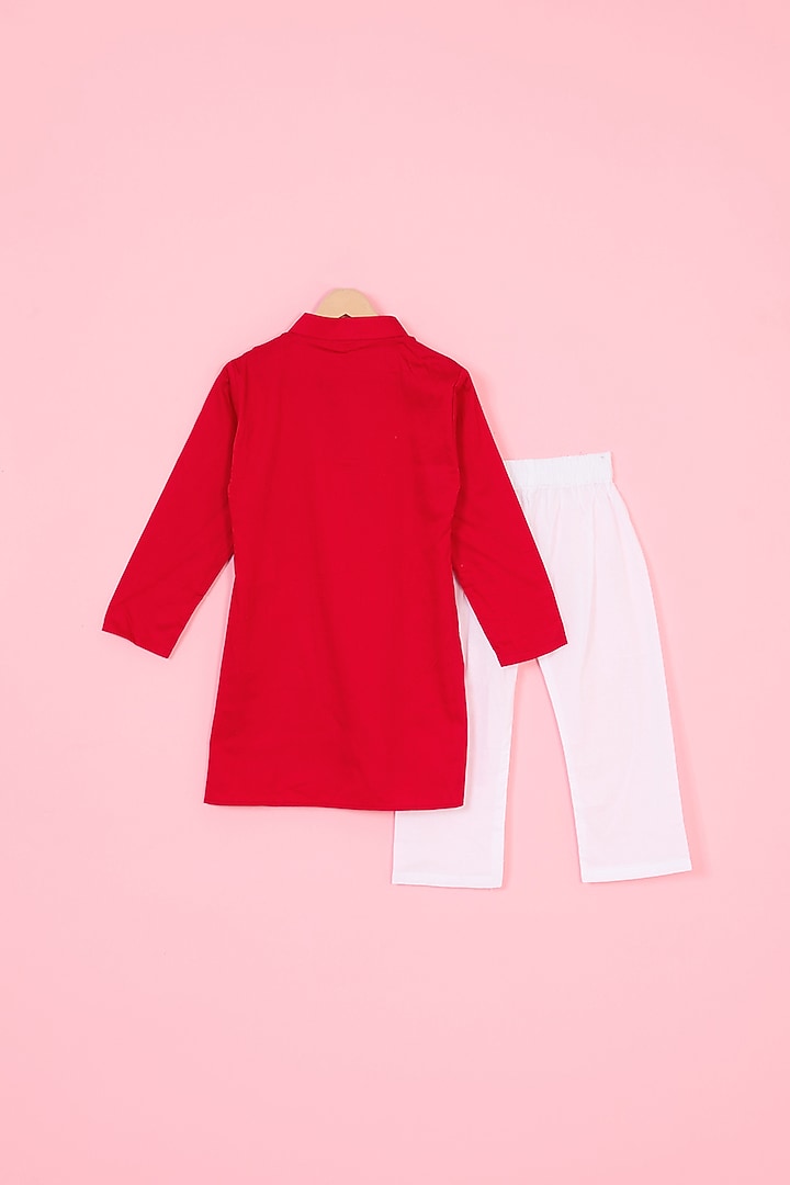 Red Georgette Chikankari Embroidered Nehru Jacket Set For Boys by TinyPants at Pernia's Pop Up Shop