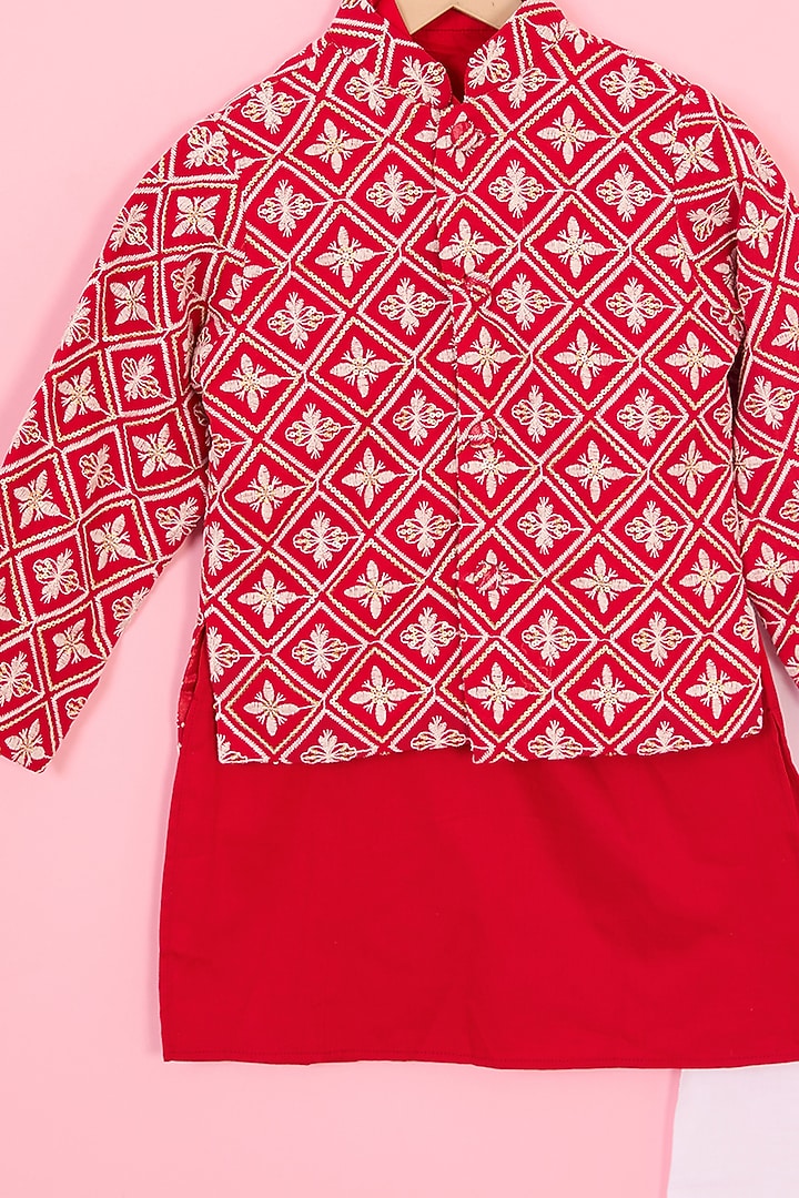 Red Georgette Chikankari Embroidered Nehru Jacket Set For Boys by TinyPants at Pernia's Pop Up Shop