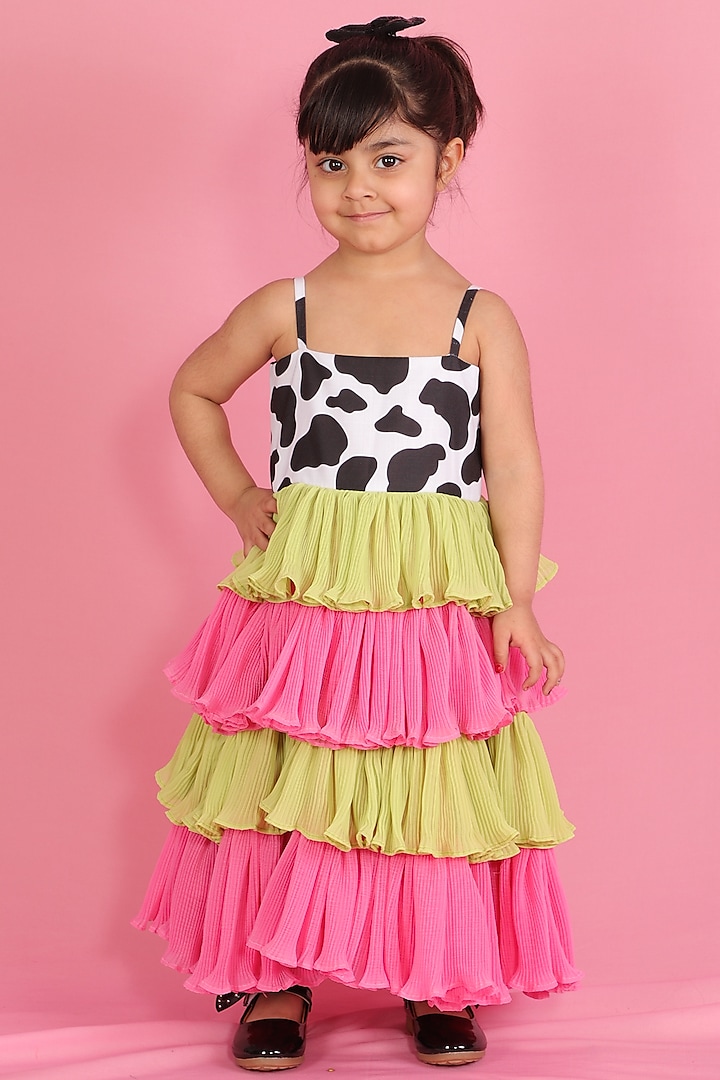 Multi-Colored Printed Frilled Dress For Girls by TinyPants