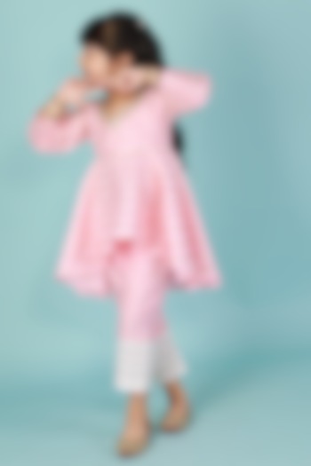 Baby Pink Asymmetrical Kurta Set For Girls by TinyPants