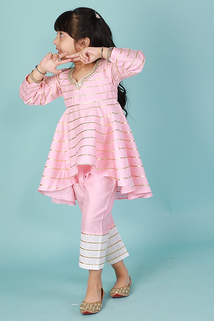 Baby Pink Asymmetrical Kurta Set For Girls by TinyPants at Pernia's Pop Up Shop