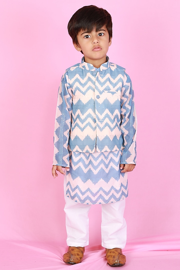 Blue & White Printed Kurta Set For Girls by TinyPants