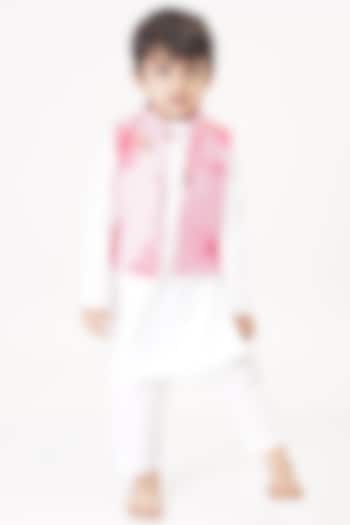 Pink Printed Nehru Jacket With Kurta Set For Girls by TinyPants