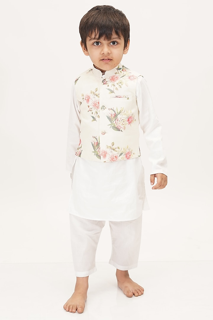 White Printed Nehru Jacket With Kurta Set For Girls by TinyPants