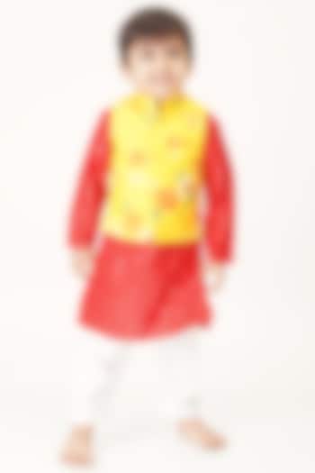 Yellow Floral Printed Nehru Jacket With Kurta Set For Boys by TinyPants